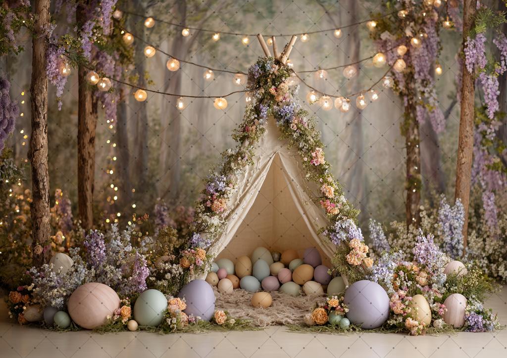 Spring Easter Photography Background Boho Tent Colorful Eggs Flower Baby Shower Birthday Party Decor Kid Portrait Photo Backdrop