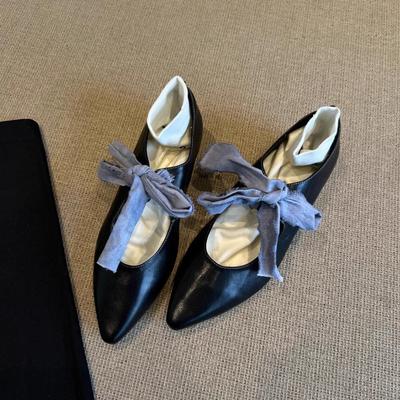 Temperament Mary Jane Shoes Retro Literary Polish Pointed Head Strap Bow Light Mouth Single Shoes