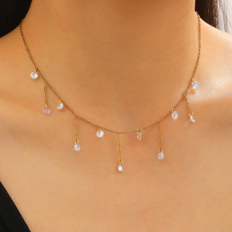 Trendy Elegant Fringe Zircon Pendant Necklace for Women Geometric Crystal Chain Choker Zircon Gift