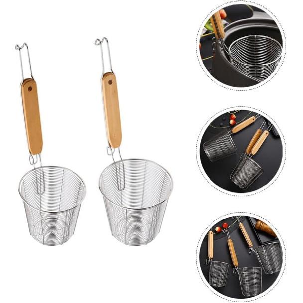 2pcs Kitchen Spider Strainer, Mesh Pasta Basket with Wooden Handle Stainless Steel Mesh Strainer Basket Mesh Spider Strainer for Pasta, Noodles,