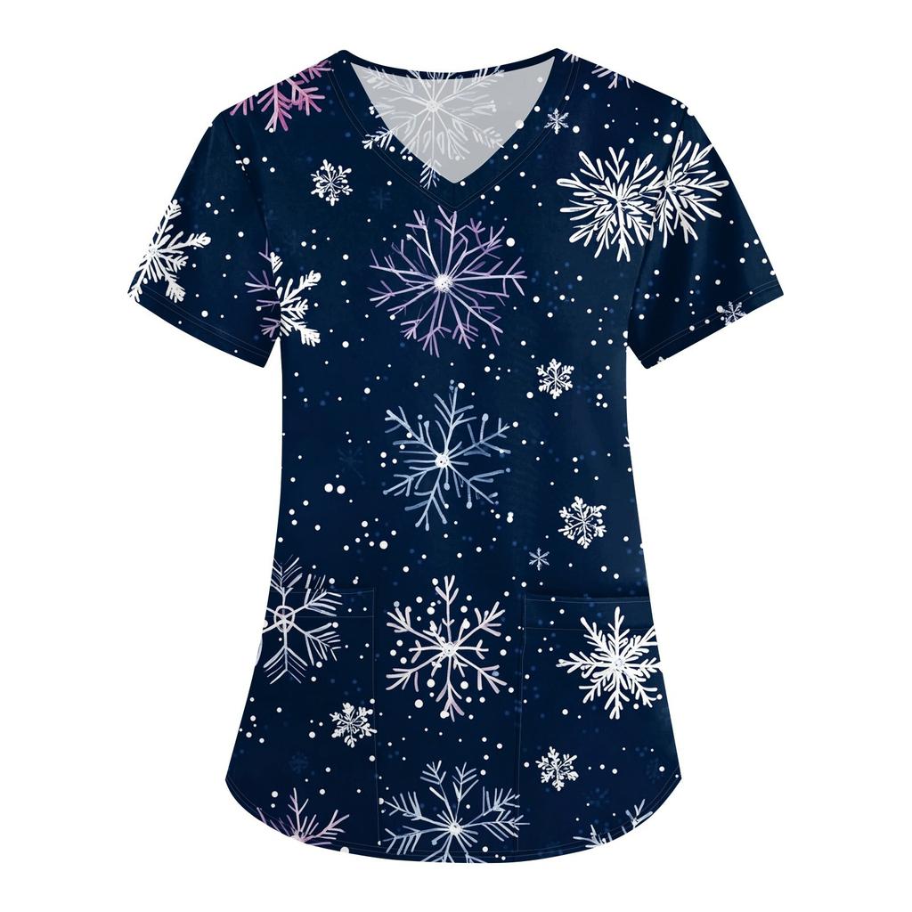 Modischer Overall mit V-Ausschnitt und kurzen Ärmeln für Damen mit Taschen und weihnachtlichem Aufdruck