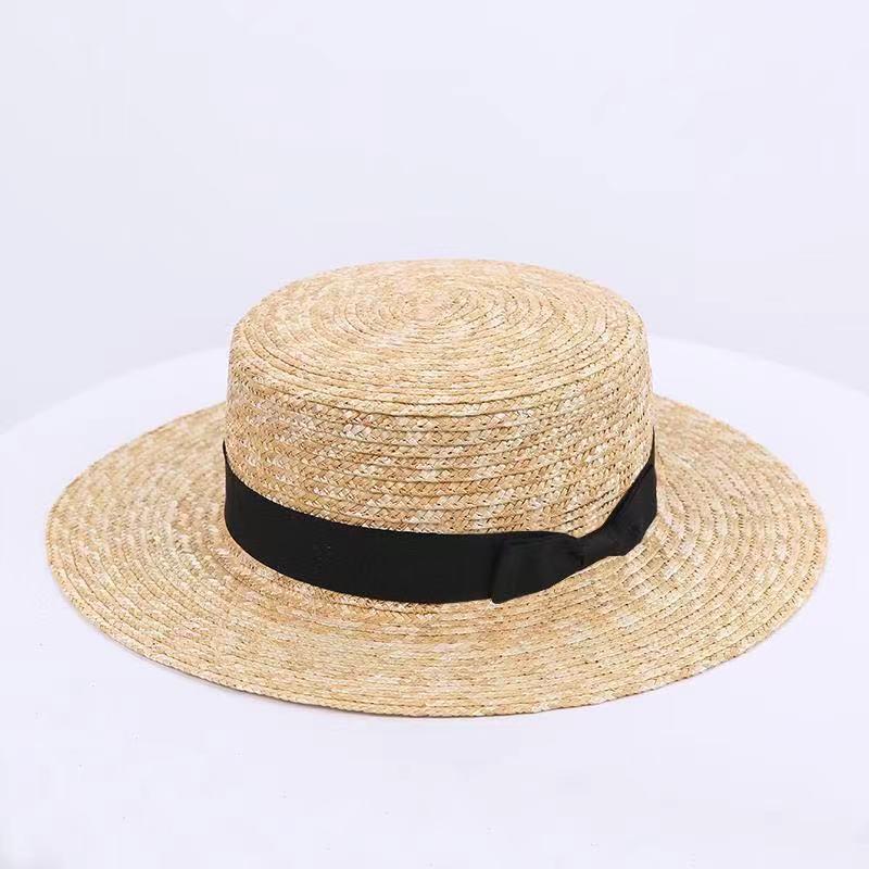 Sommer Unisex Handgefertigt Natürliches Weizenstroh Damen Sonnenhut mit Schleife Breiter Rand Flacher Oberteil Hüte Herren Strand Einfarbige Kappen Sonnenschutz A1