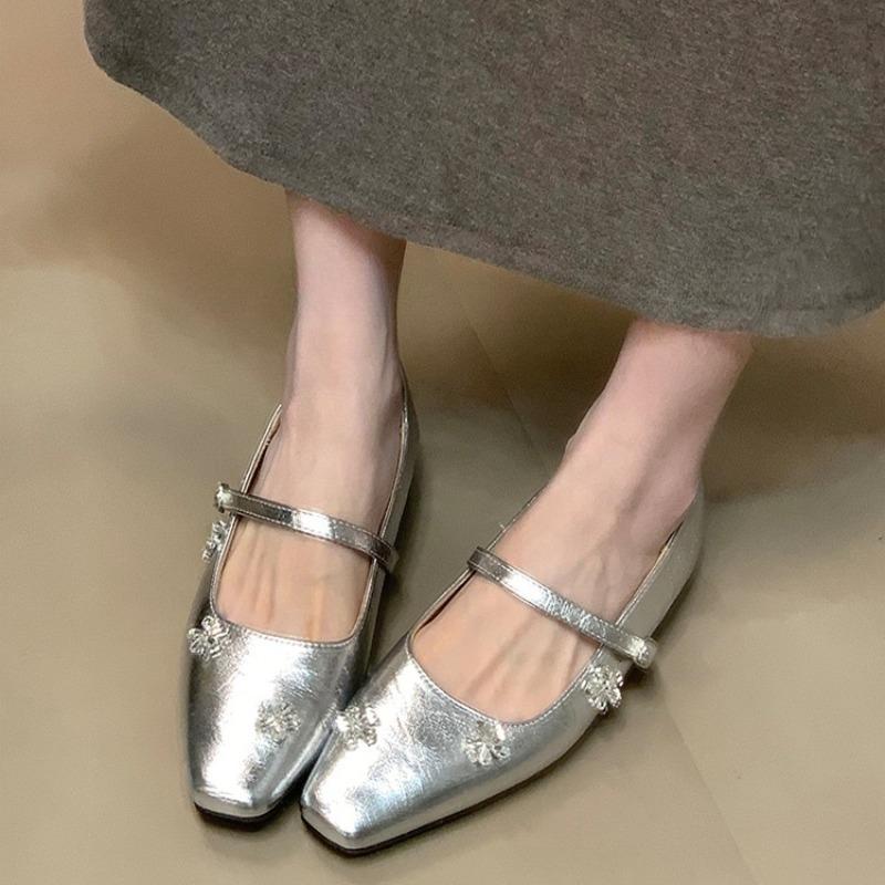 Fashion New Rhinestone Flower Slip with Square Toe Shallow Mouth Soft Sole Non-slip Low Heel Single