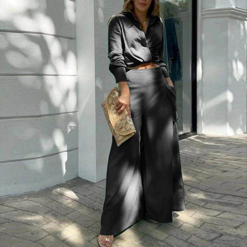 

2026 New Spring Women s Clothing Cross-Border European and American Fashion Set Casual Solid Color Top Loose Pants Set Black M