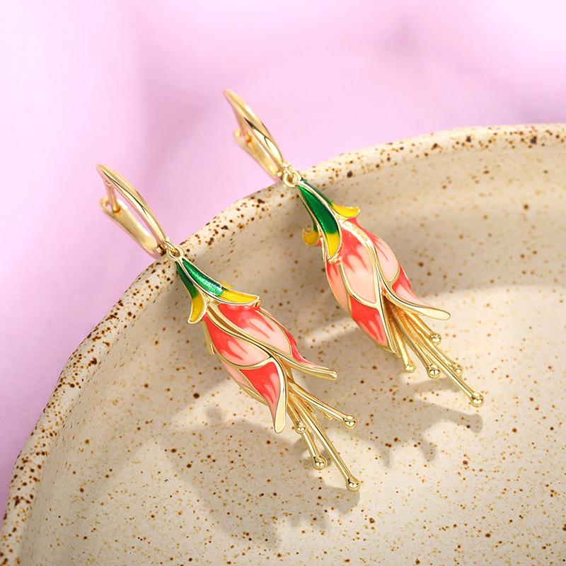 Pendientes de flores de gloria de la mañana para mujer, pendientes de diseño realista con gotas de aceite, pendientes pastorales de moda