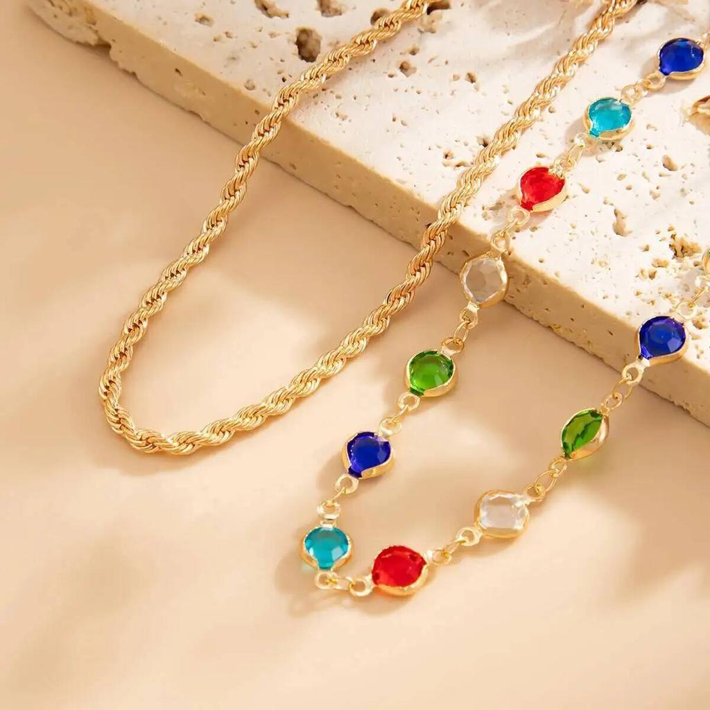 Ingemark Y2K Boho Colorful Crystal Chain Anklet for Women Summer Beach Trendy Exquisite Barefoot Ankle Bracelet Leg Jewelry Gift