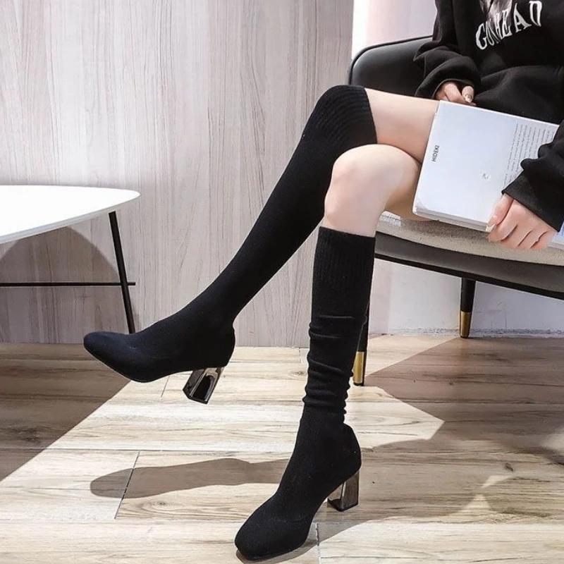 Fashion Cotton Black Plain Sock Thigh High Boots for Women Comfortable and Elegant Trend 2025 New Rock Above Over The Knee Shoes Woman
