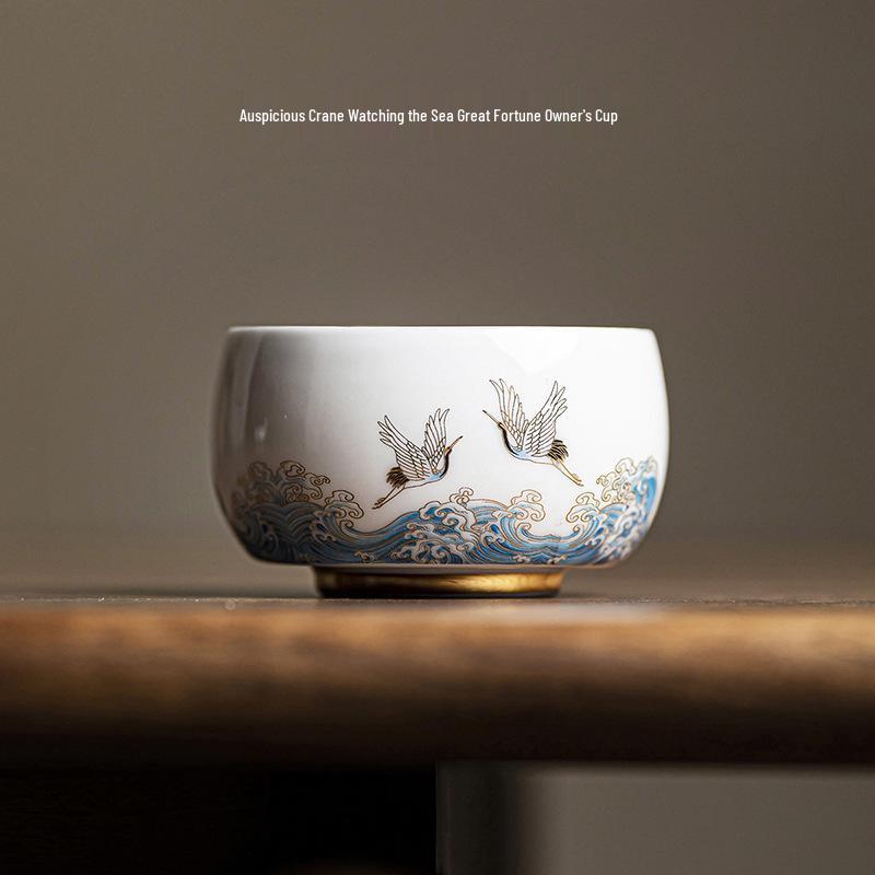 Gilt Ceramic Teacup - Mutton Fat Jade & Silver White Porcelain Kung Fu Tea Set