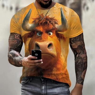 Lustiges Cartoon-Kuhmuster Herren Niedliches Tier 3D-Druck Sommer Lässig Kurzarm O-Ausschnitt Locker Street