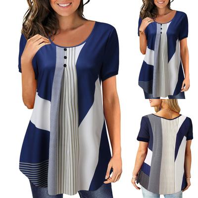 Women Summer Plus Size Pullover Print Loose Round Neck Button Short Sleeve T Shirt