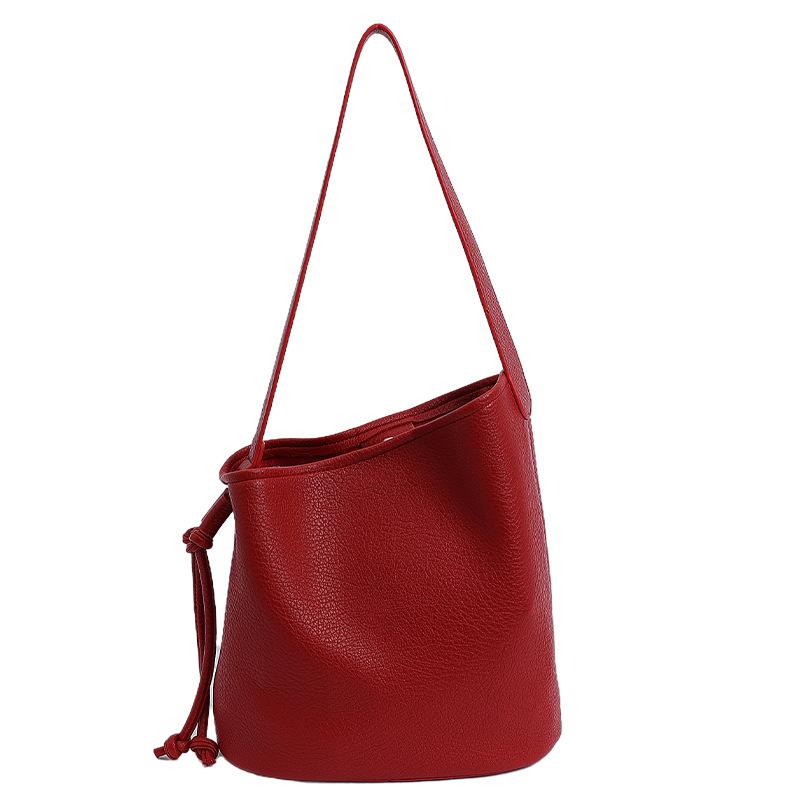 Summer New Niche Lychee Pattern Soft Leather Simple Bucket Bag Fashionable Single Shoulder Underarm Bag Women