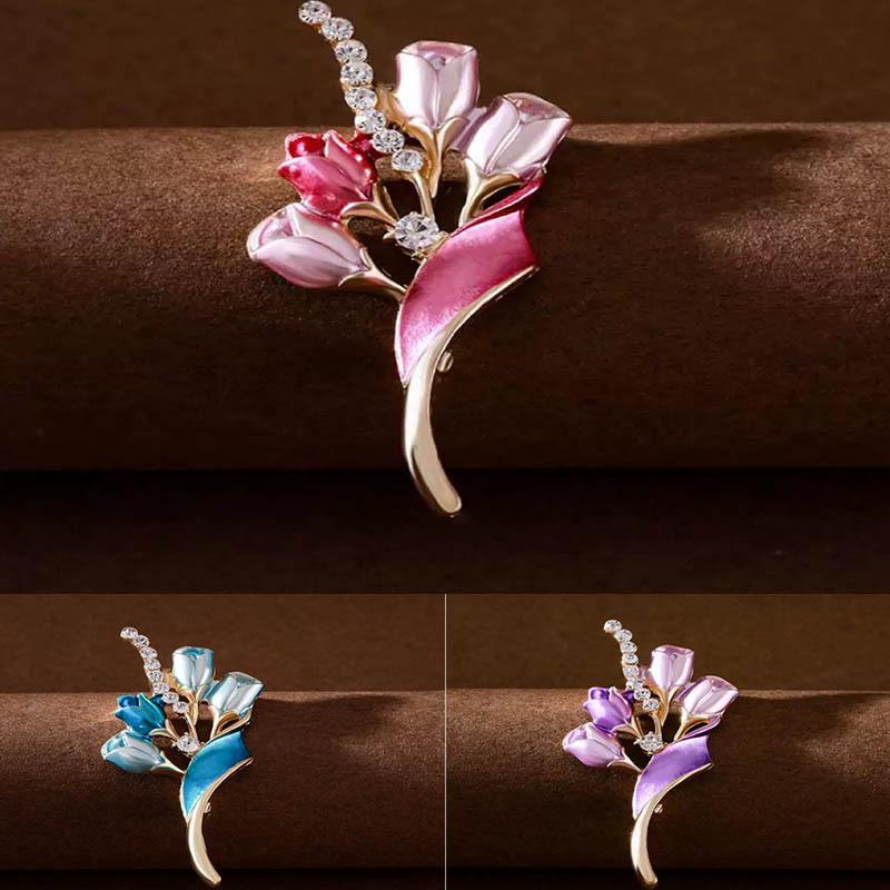 Water Diamond Enamel Tulip Brooch for Ladies, a High-end Pearl Flower Brooch, a Fashionable Brooch