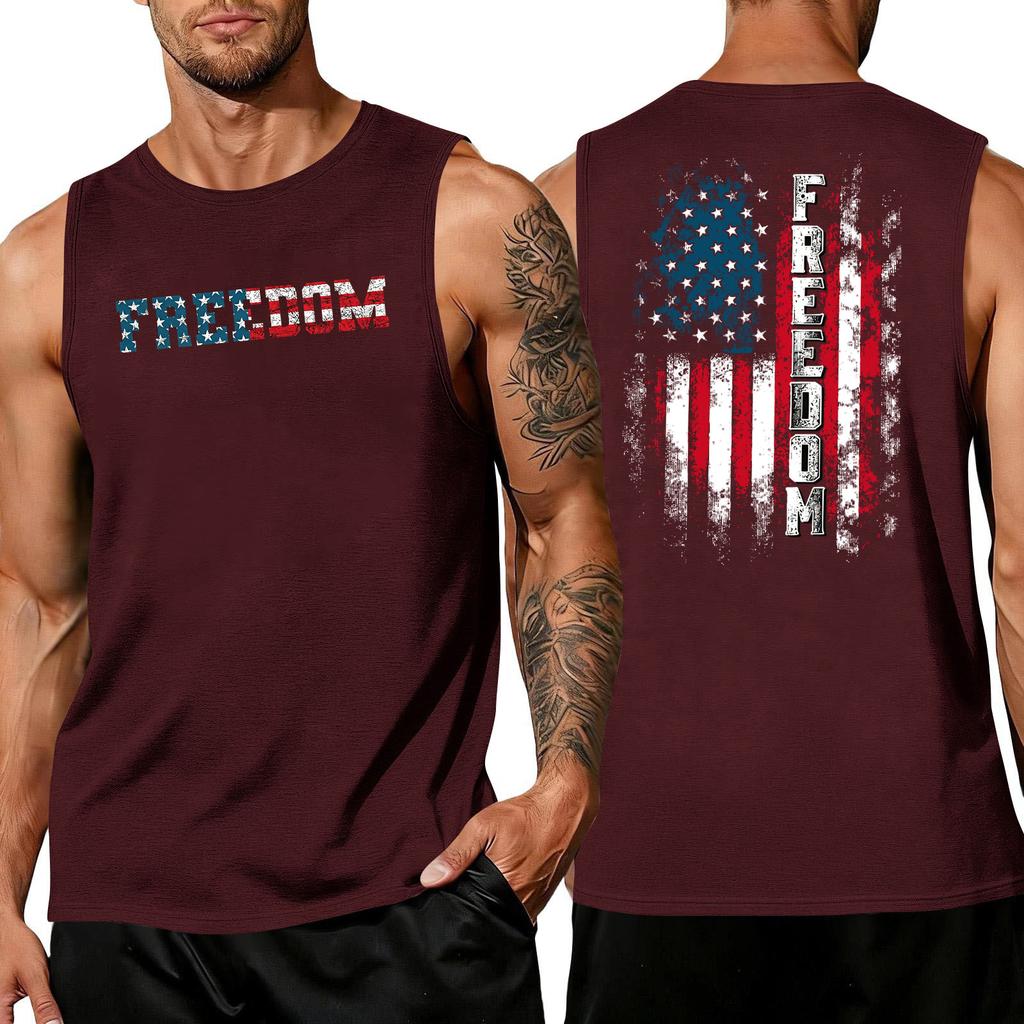 Men's Sleeveless Muscle Tank Top with Letter Print and Flag Pattern Casual Crew Neck Gym Shirt