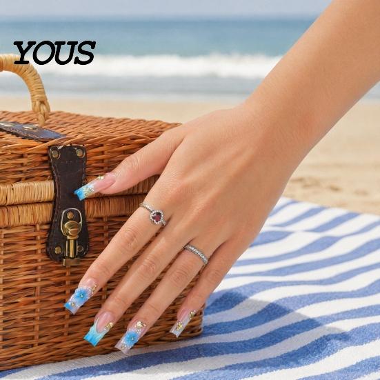 Travel Friendly Nails 24Pcs Summer Ocean Press on Nails, French Tip Flower Faux Pearl Stick-on Fake Blue Tips Salon Quality Long Glue False for Women