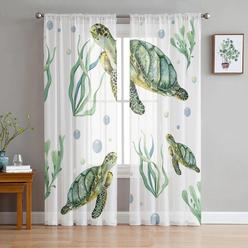 Sea Turtle Ocean Creature Landscape Voile Curtains Living Room Bedroom Transparent Tulle Window Drapes Curtain With Sheer Polyester Perfect For Area