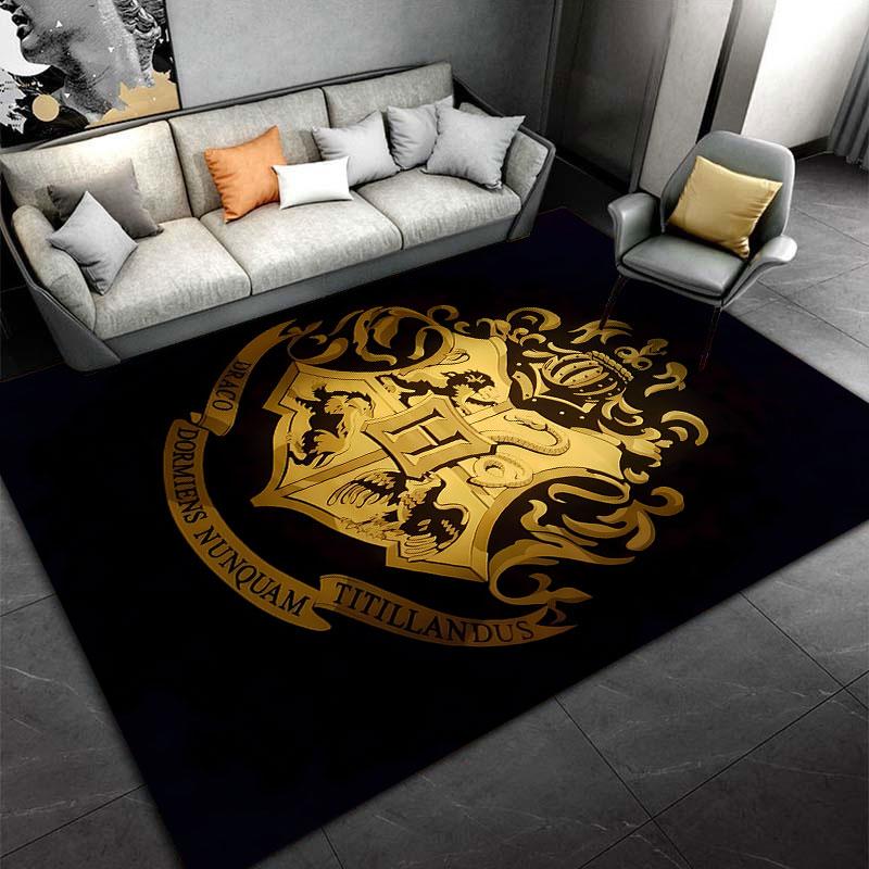 Harry Potter Gold Hogwarts Crest on Black Detail Rug, Detailed Gold Crest Style Design, Cozy Fan Rug Decor, Soft Touch, and All Seasons Gift