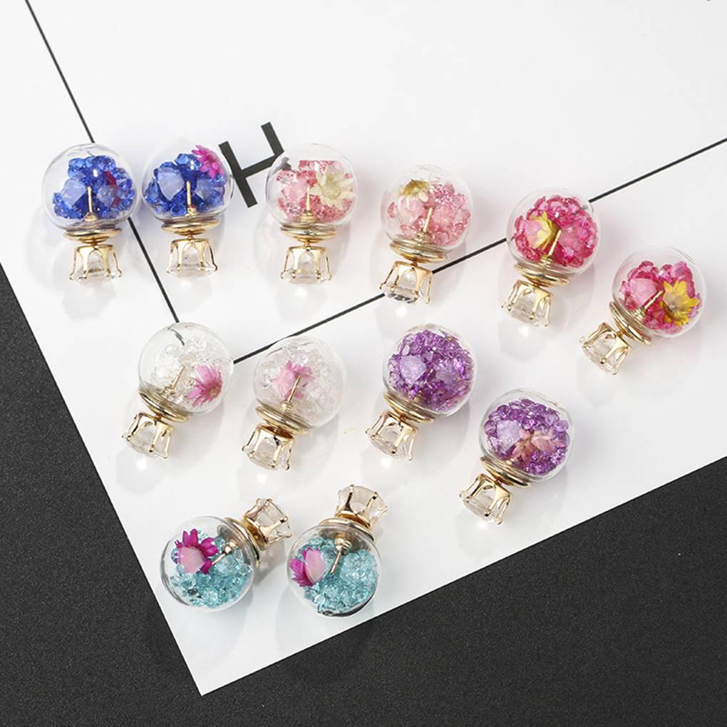 Women Girls Double Side Dry Flower Rhinestone Glass Stud Earrings Crystal Ball Ear Pin Jewelry Accessories