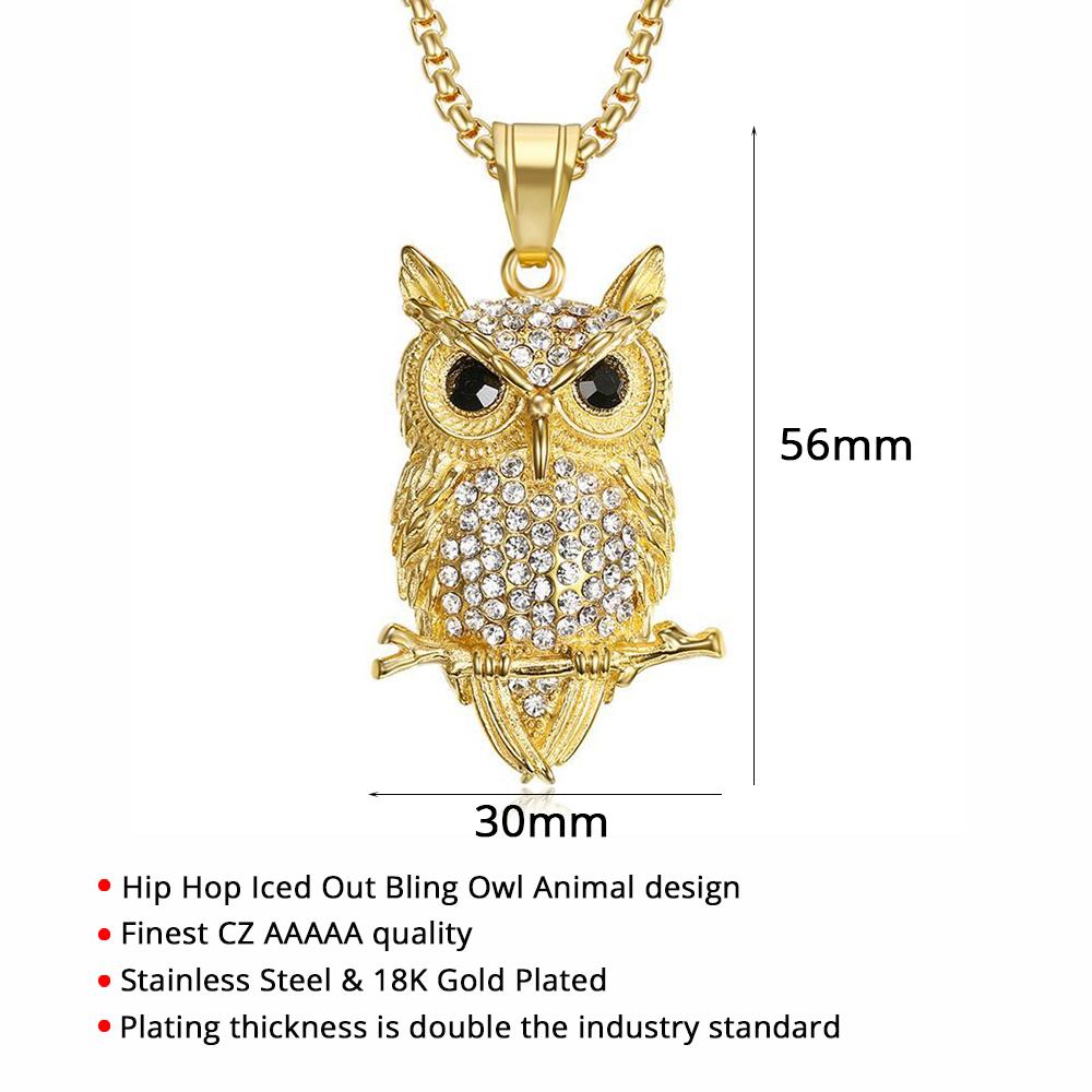 Hip Hop Iced Out Owl Pendant Necklace For Women Gold Color Stainless Steel Animal Bling AAA CZ Necklace Women's Jewelry