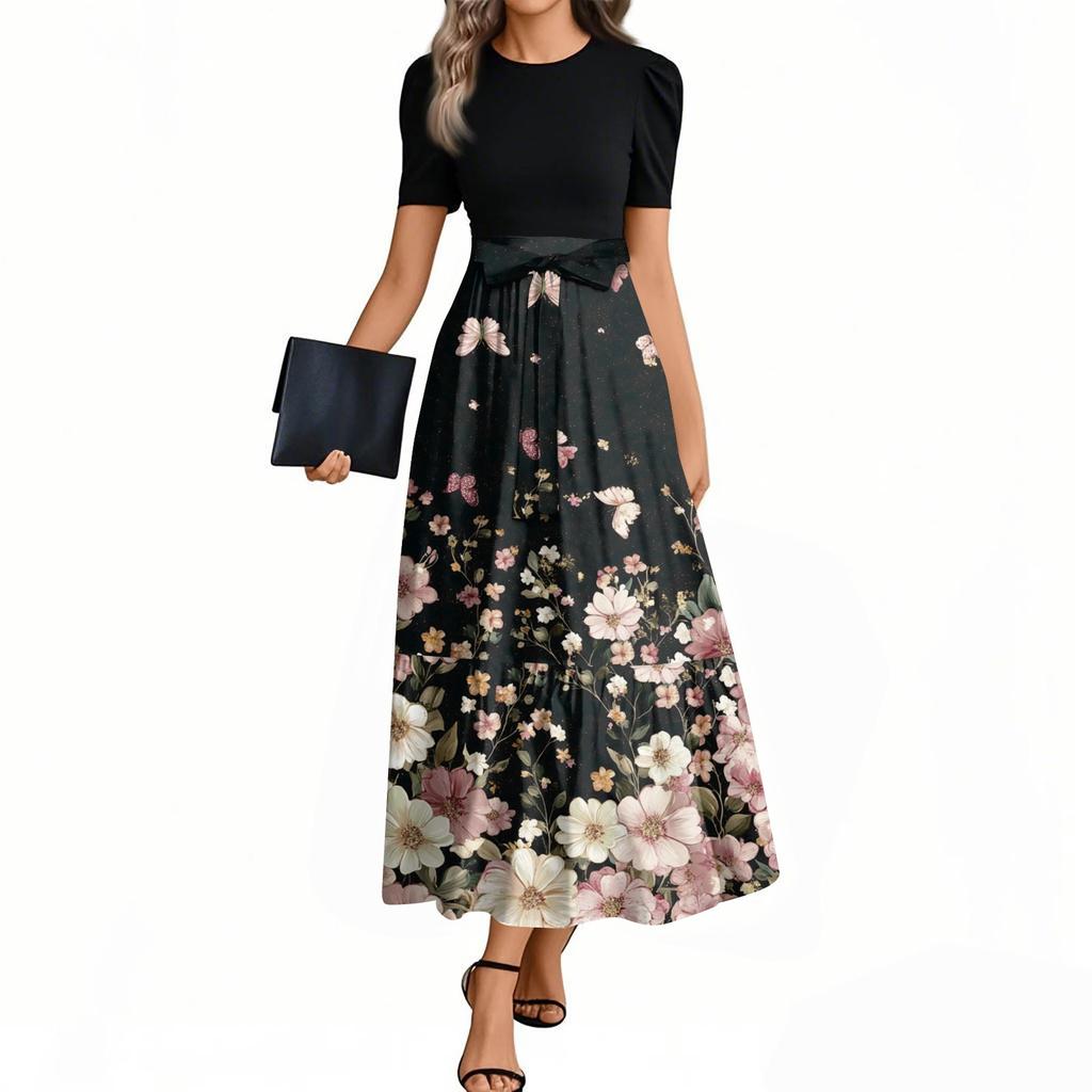 Women's Fashion Casual Belt Short Sleeve Round Neck Floral Stitching Elegant Temperament Dress