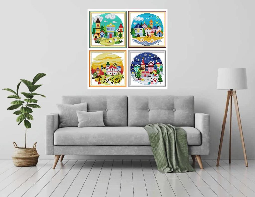 Amiiba 4-Piece Cross Stitch Kit, 11ct, Pre-Printed Design, "Four Seasons House," DIY Wall Art Decor, Beginner's Guide