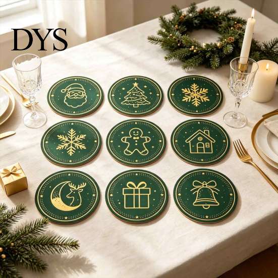 Kitchen Dining Table Accessories 9Pcs Christmas Wooden Coasters Set, Heat Resistant Cup Mats, Waterproof Pads for Round Protection Mats Home