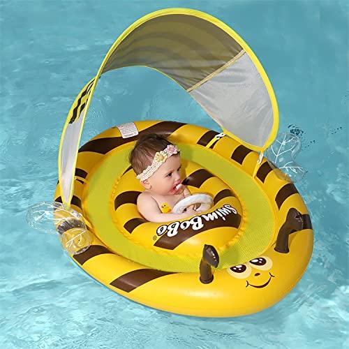 Baby Swim Ring with Cover and Leg Holes, Cute Bee Design, UV Protection SPF50+, Removable Sunshade, Suitable for Children 6 Months-3 Years Old (Yellow