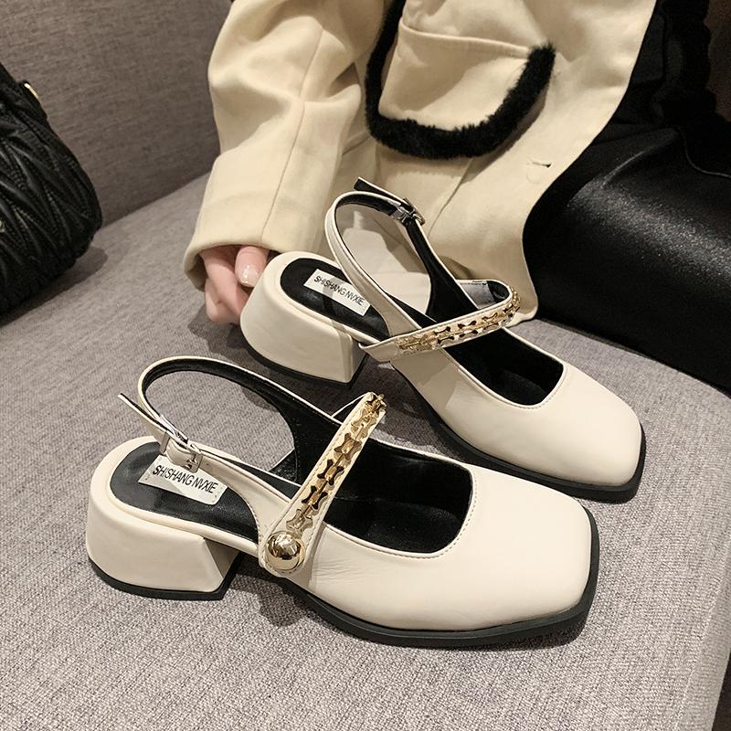 African Woman Shoe Mary Jane Summer High Heels Chunky Sandals Navy Blue Pumps Sweet 2024 Burgundy Straps Lolita Closed Black Bei