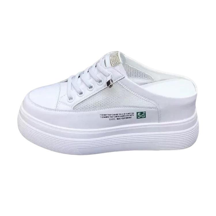 Baotou Dameneinzelne Schuhe 2025 neuer Herbst Mesh dicke Sohle ohne Absatz lässige Mode leichte weiße Schuhe