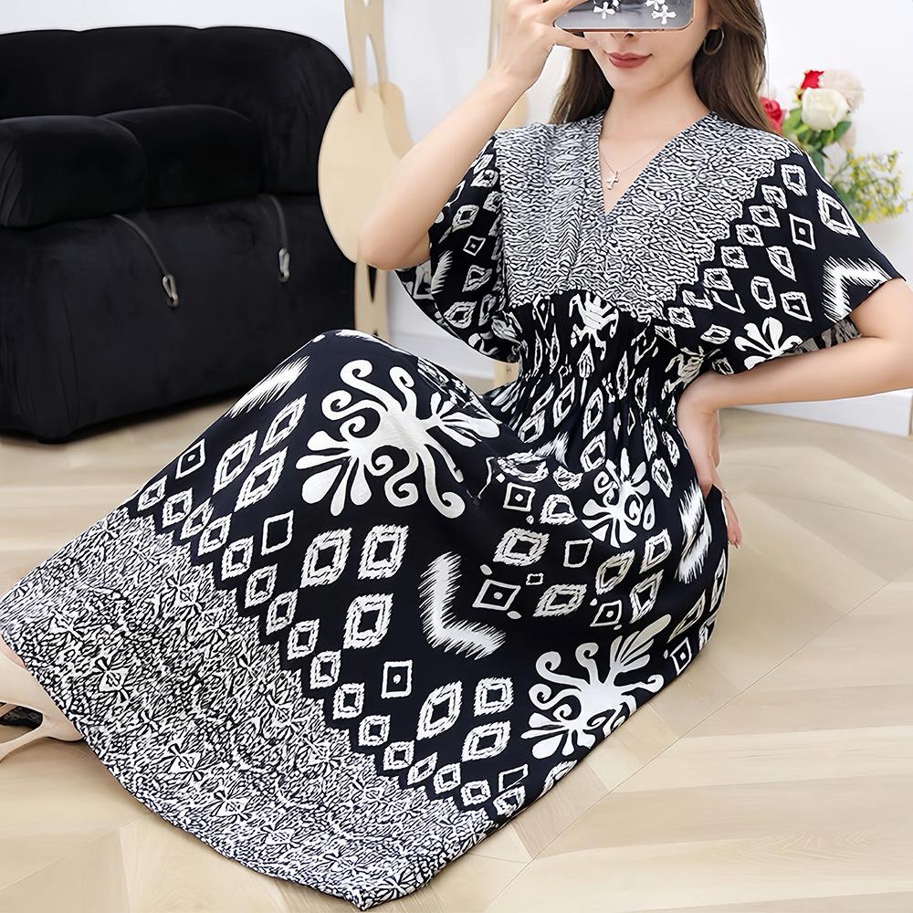 26-Year Floral V-Neck Cotton Silk Batwing Sleeve Beach Dress - Thailand Travel & Vacation Skirt Style