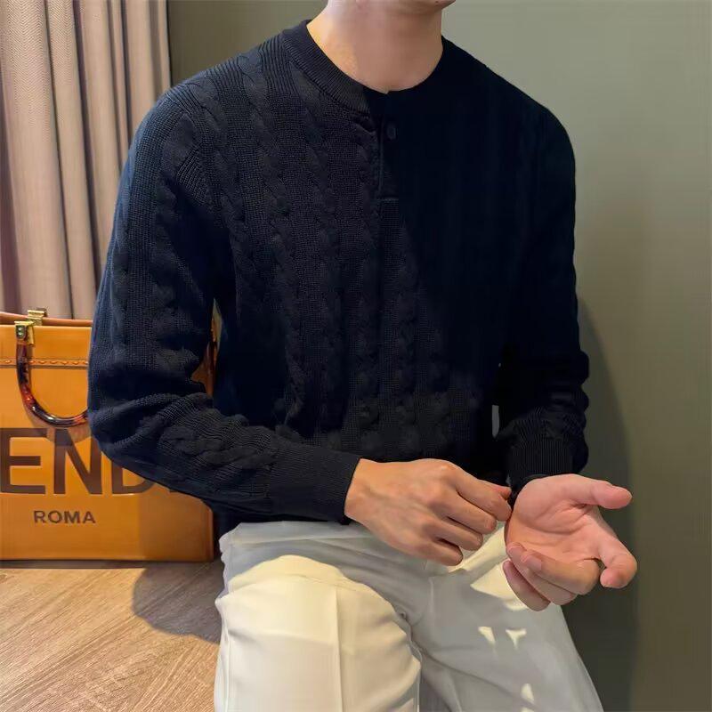 

Men s Retro Cable Knit Henley Sweater - Autumn/Winter Old Money Style 3XL темно-синього кольору