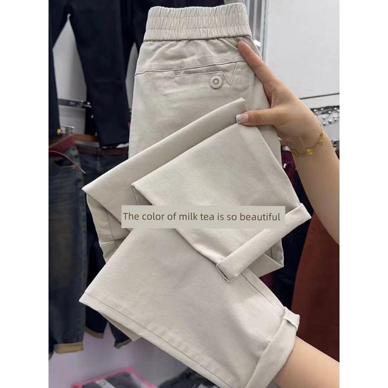 

Autumn Cotton Loose Slim Looking High Waist Pants Milk tea color 4XL