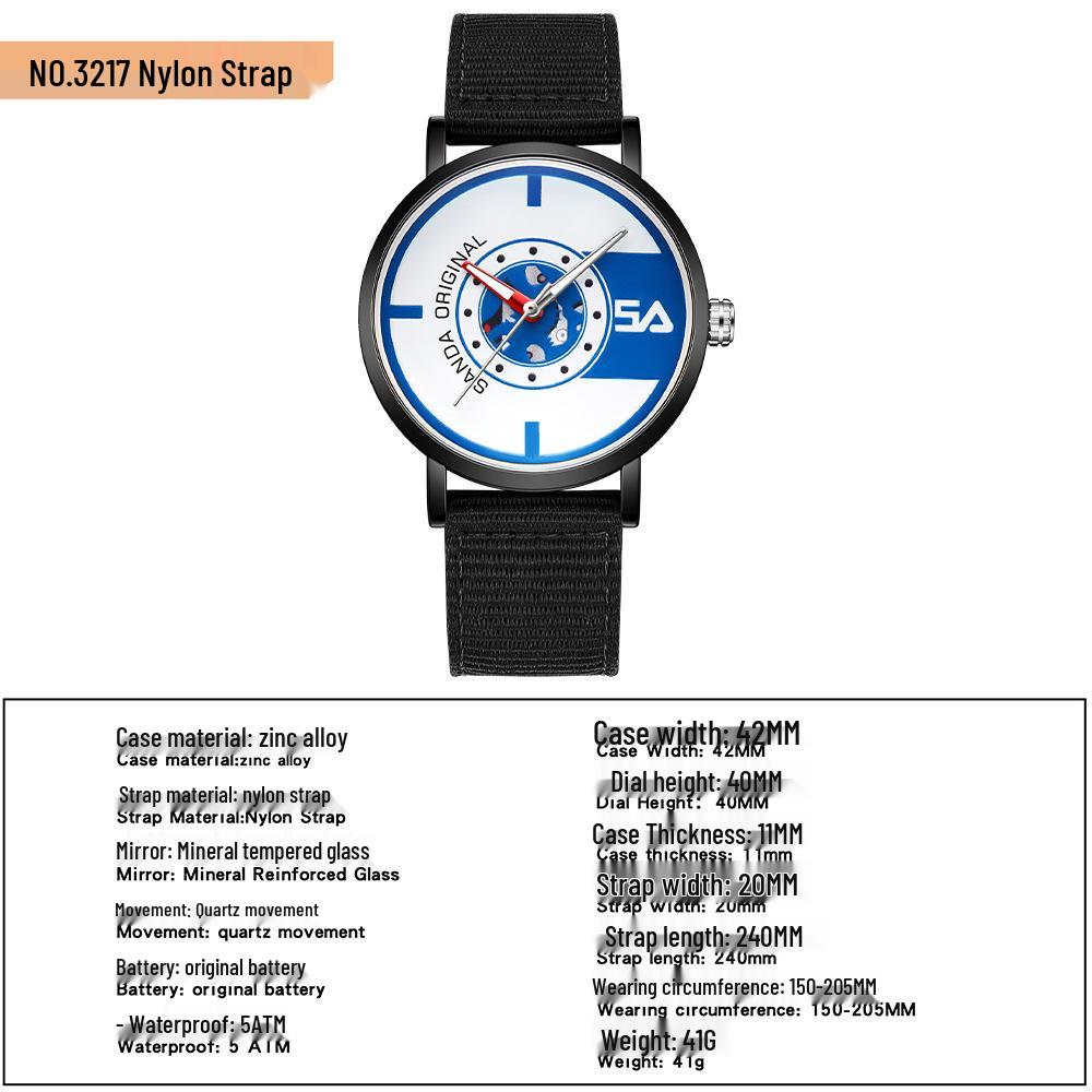 Sanda Nylon Strap Quartz Watch - Simple, Thin, Creative Dial, Waterproof, for Students and Sports
