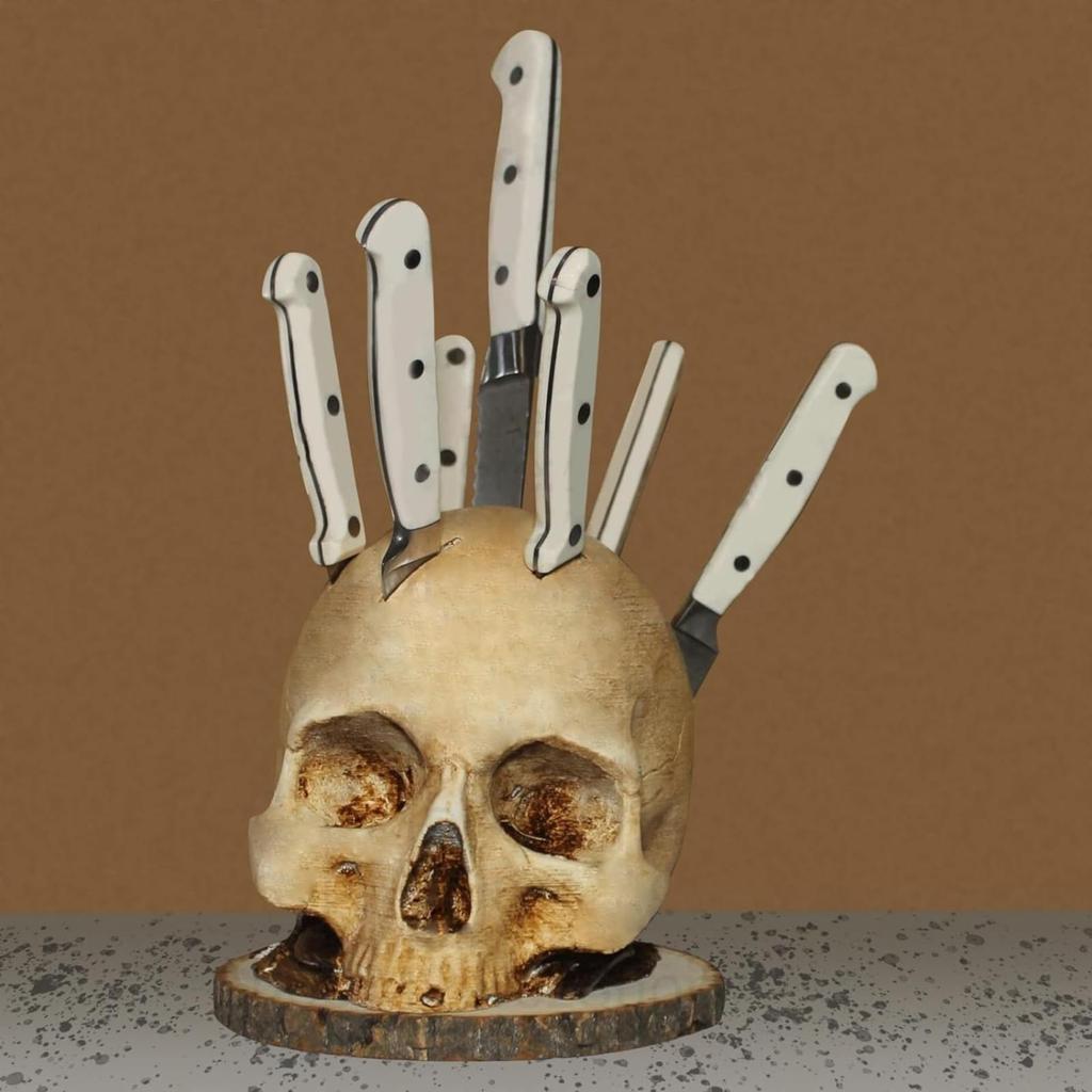 Halloween Skull Knife Holder Resin Decor - Spooky Kitchen Countertop Knife Rack for Horror Theme Party