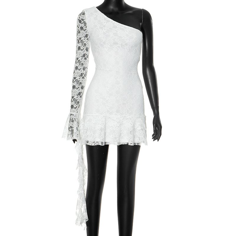 

Outfitgirl French Style White Lace One-Shoulder off-the-Shoulder Sleeves Dress Summer Ruffles Ribbon Birthday Dress White S