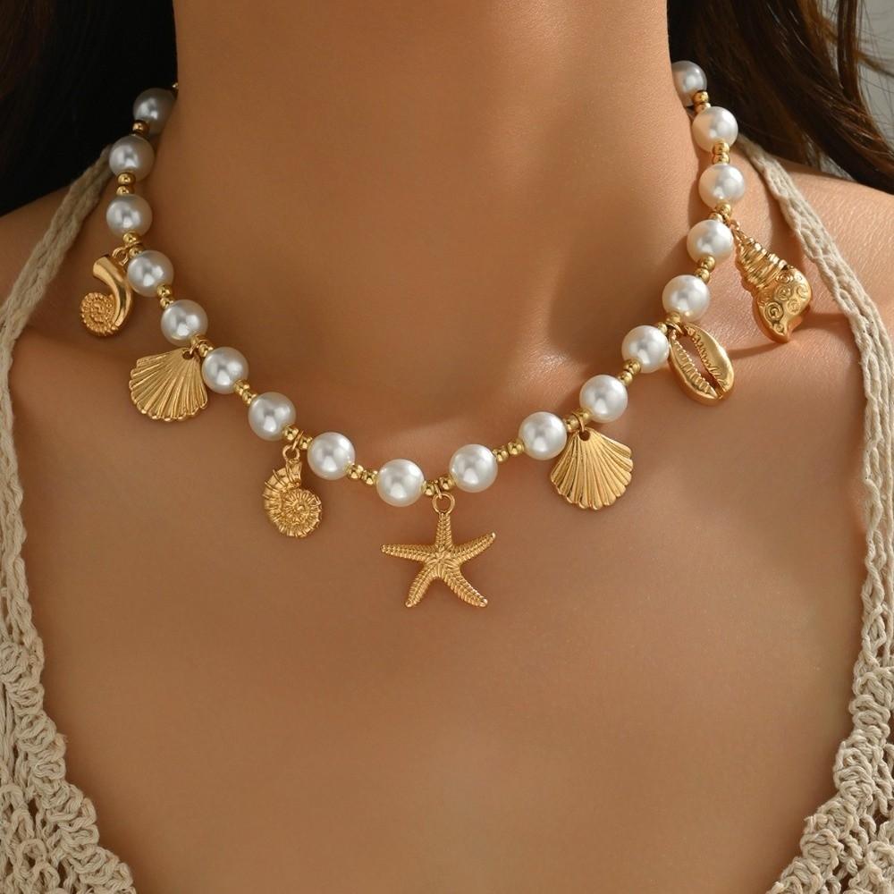 Elegant Tassel Starfish Shells Necklace Metal Clavicle Chain Exquisite Charm Choker
