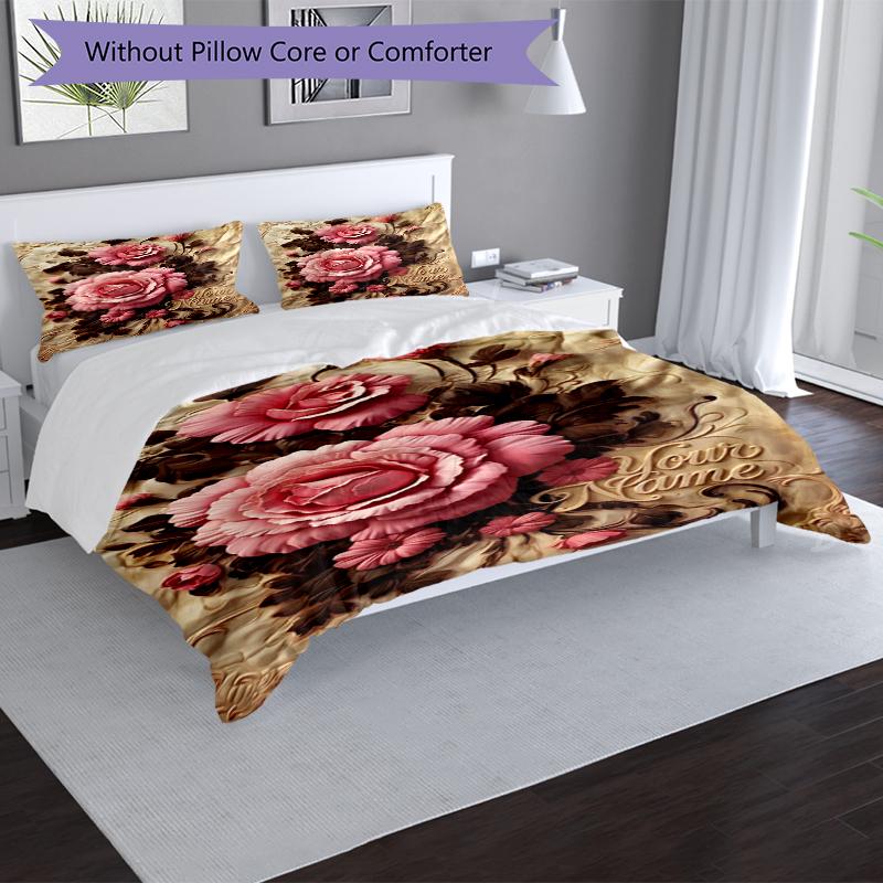 3pcs Custom Name Floral Artwork Printed Bedding Set Duvet Cover Closure Includes 1 Duvet Cover & 2 Pillowcases, Soft and Comfortable for All Seasons.