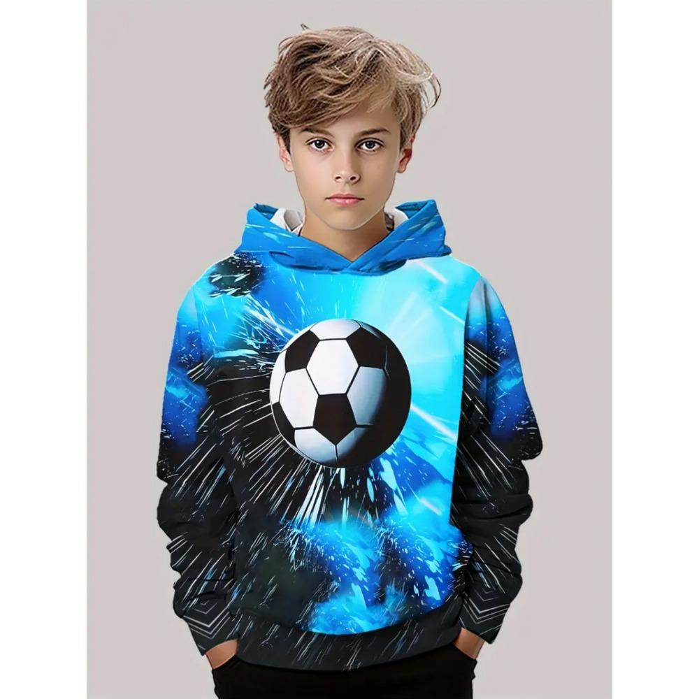 Boys' 3D Soccer Ball Harajuku Print Hoodie Casual Polyester Long Sleeve, Slight Stretch, Hooded Outdoors Sweatshirt for Running