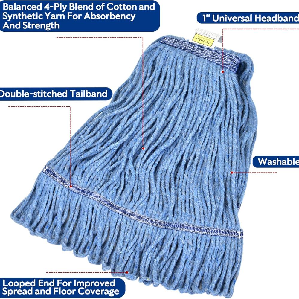CLEANING Heavy Duty Mop Head Commercial Replacement for General and Floor Cleaning , Wet Industrial Blue Cotton Looped End String Head Refill (Pack