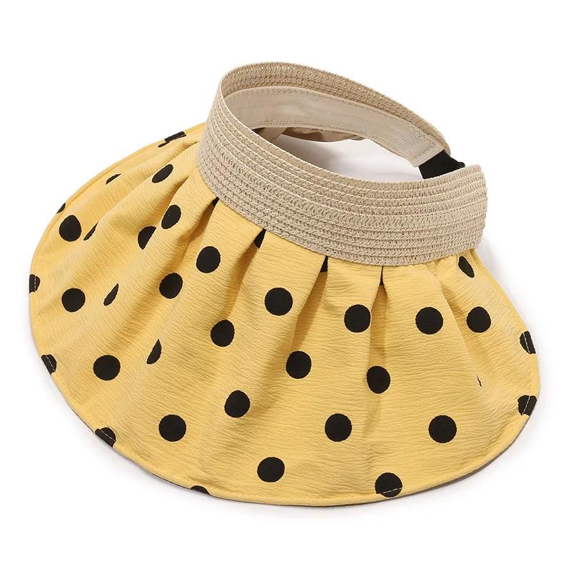 Summer Breathable Empty Top Hats For Women Vintage Polka Dots Adjustable Wide Brim Sun Hat Girls Outdoor Portable Foldable Caps