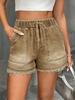 Women's Elastic Drawstring Mid Rise Straight Denim Shorts Non Stretch Frayed Hem Washed Casual Bermuda Shorts