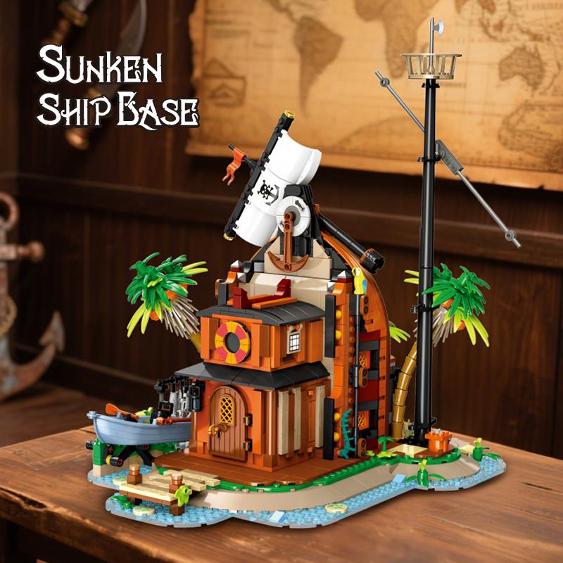 1035Pcs Pirate Building Blocks Series: Shipwreck Base Diy Assembly Toy, Creative Home Decor, Kids Birthday Toy Gift