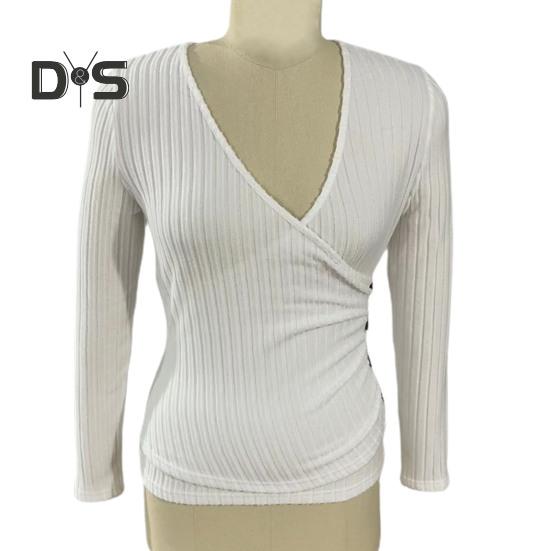 Dámské podzimní jednobarevné topy s hlubokým výstřihem do V, halenka s dlouhým rukávem, elegantní slim fit, knoflíky, dekorace, žebrované svetry