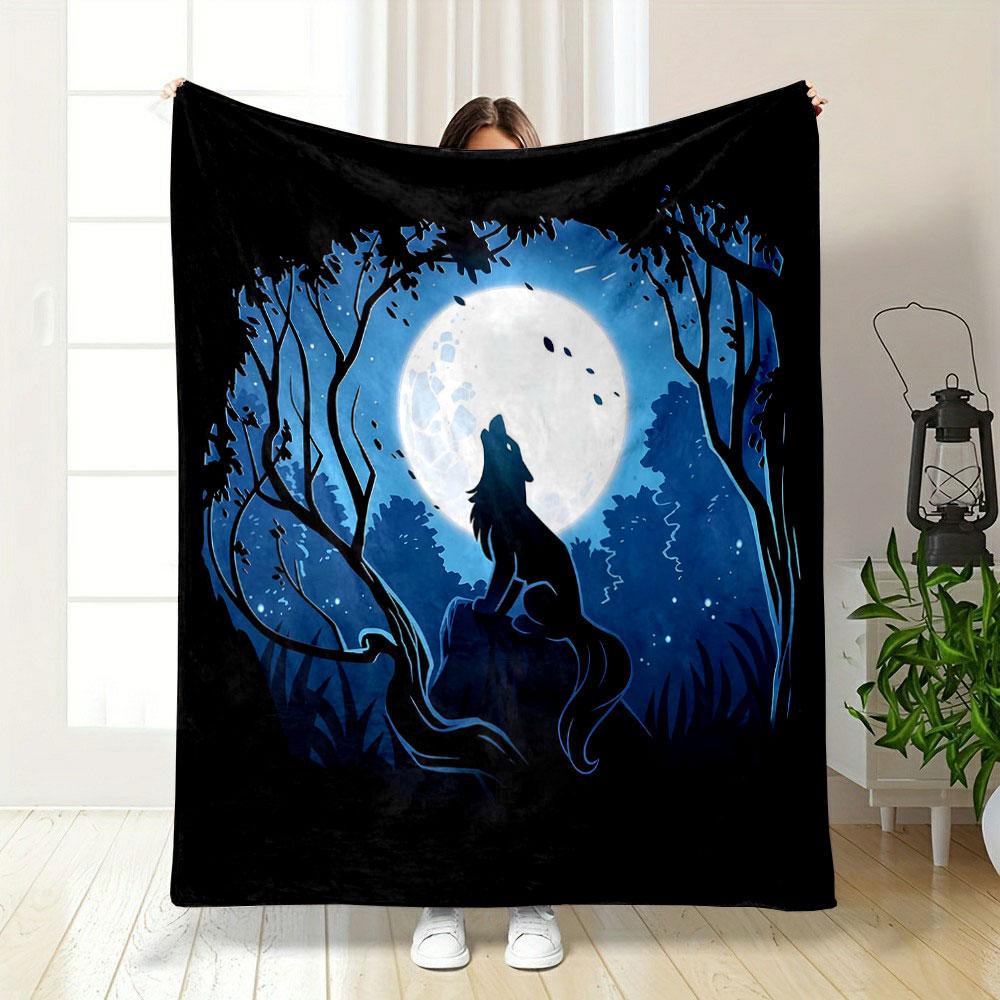 Wolf Howling at Full Moon Patterned blanket, flannel, suitable for all seasons, home decor, warm and cozy