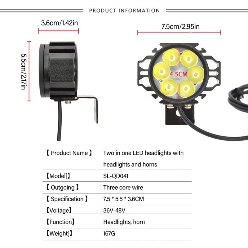 2 In 1 Electric Scooter Front Light Lamp with Horn 36V-48V Electric Bike Headlight Aluminum Shell Waterproof Head Lamp