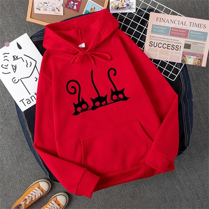 New Womens Sweatshirts Cute Cat Printing Home Party Casual Hoodies Loose Sports Pullover Tops Autumn Winter Daily Woman Clothing