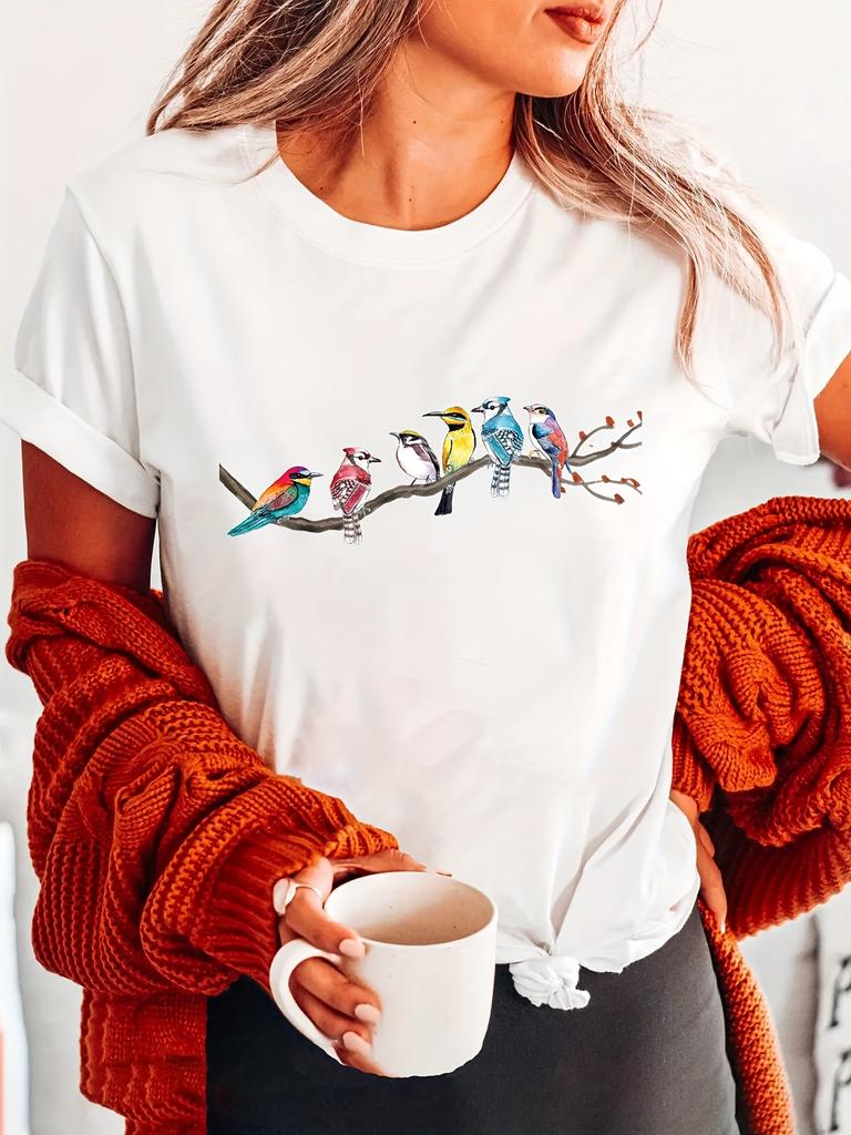 Summer Woman Fashion Top Vibrant Birds Print Crew Neck Short Sleeve Casual T-Shirt for Women Perfect for Summer Woman Clothing
