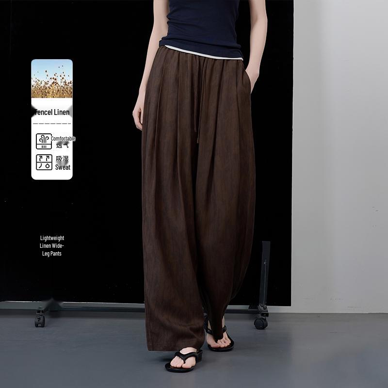 Women s Coffee Tencel Linen Wide-Leg Summer Pants - Loose, Lazy, Casual Style Large