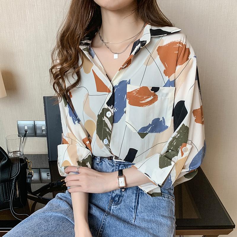 2025 Spring Blouses Shirts Long Sleeve Turn Down Collar Office Lady Print Chiffon Blouse Shirt Women Tops J763