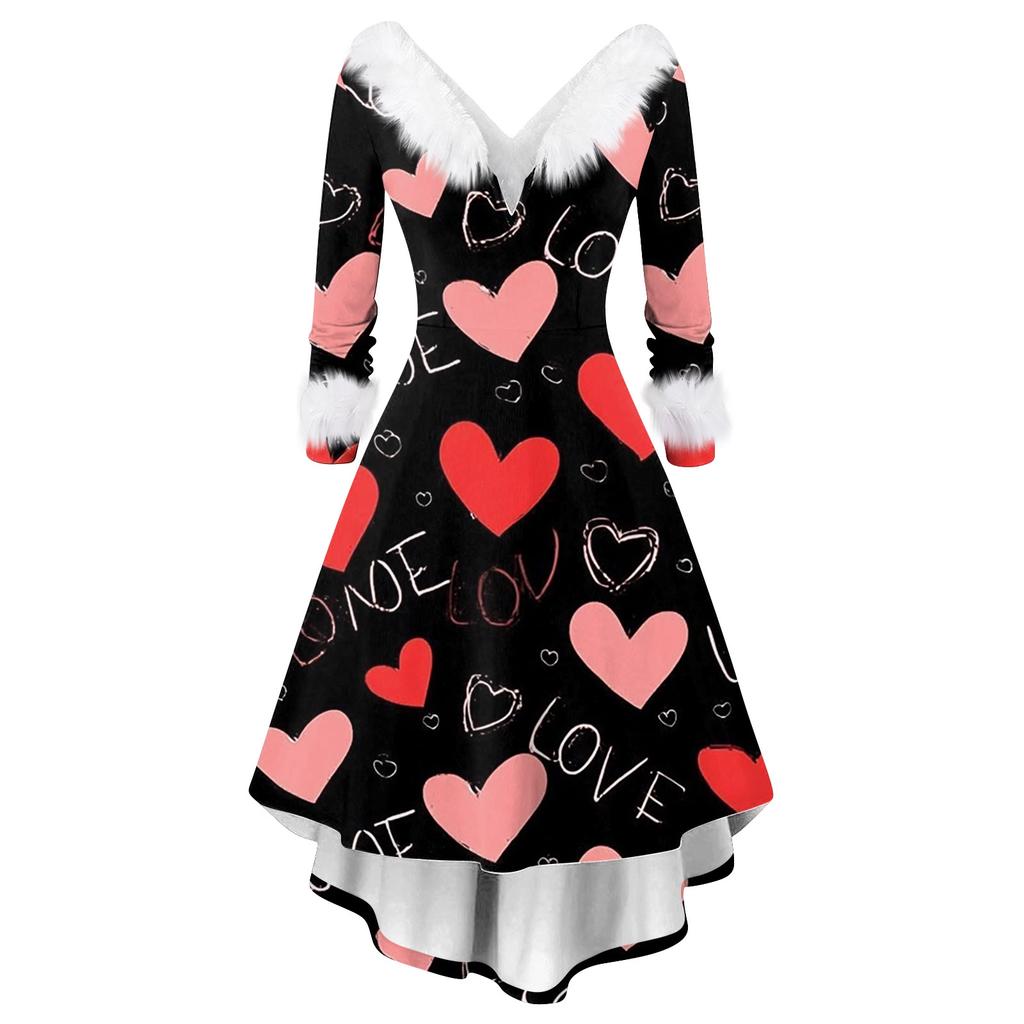 Damen stilvolles und elegantes langärmeliges V-Ausschnitt Kleid mit Valentinstags-Herzprint