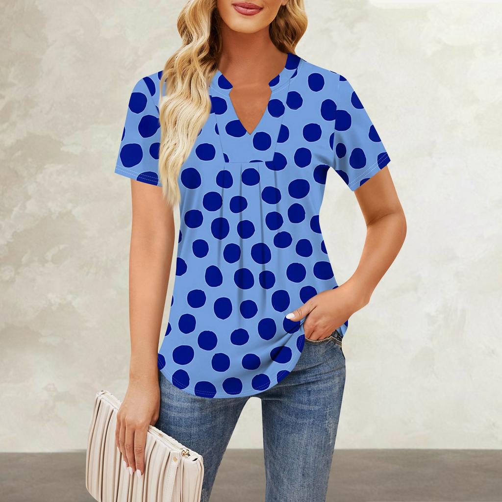 Women's Short Sleeve Casual V-neck Chest Pleated Printed Loose T-shirt Top